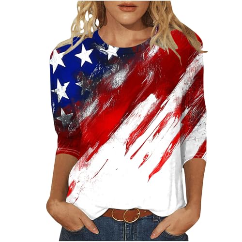 Image of Fourth of July Shirts for Women 3 /4 Sleeve Summer Tops American Flag Print T Shirt Patriotic 4th of July Shirts 2025
