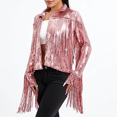 FEORJGP Women Sparkly Sequin Jacket Shiny Glitter Tassel Fringe Hem Disco Jacket Sequin Fringe Jacket Coat Y2K 90s Streetwear3