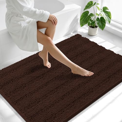 Image of Smiry Thick Chenille Large Bathroom Rugs 47x32, Extra Soft Absorbent Striped Bath Mat, Machine Washable, Rubber Backing, Bath Rugs for Bathroom, Tub & Shower, Home Decor Accessories, Brown