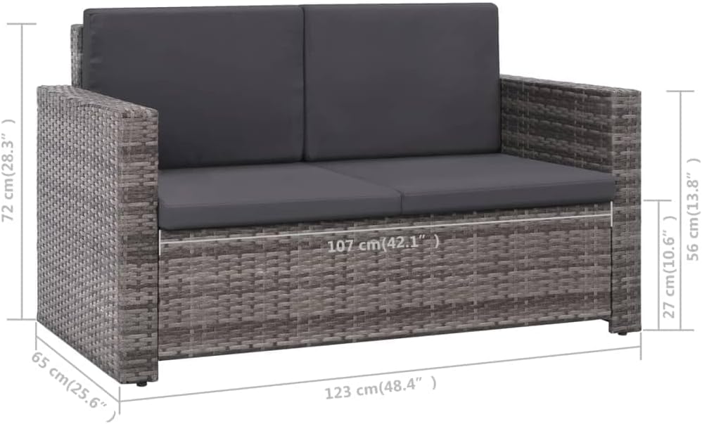 2 Piece Grey Poly Rattan Garden Lounge Set with Cushions, Water-Resistant Outdoor Sofa and Stool Set, Modern Patio Furniture with Fold-Out Footrest, Durable Steel Frame
