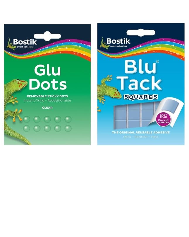 Bostik Blu Tack Handy Pack 45g, Putty Reusable Adhesive Non Toxic + Bostik Glu Dots Removable Clear Sticky Dots, Pack of 2