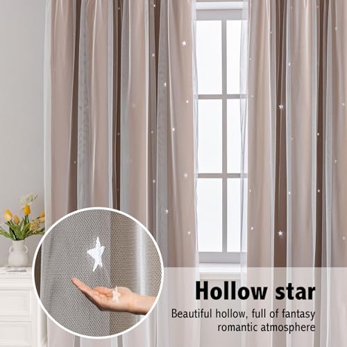 Image of indistar Star Cutout Kids Window Blackout Curtains for Girl Bedroom Window Room Darkening Curtains & Drapes Baby Nursery Curtains (2 Panel,52Wx72L inch,Coffee)