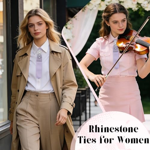 Image of Rhinestone Ties for Women, Skinny Neck Tie for Women Business Prom | Polyester Womens Tie, Tweed Splice Design, Rhinestone Ornament, Adjustable Strap, Elegant Retro Look, for Banquet Party Date