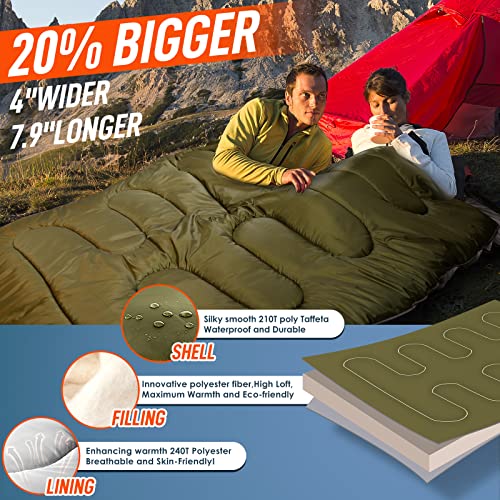 Mereza Double Sleeping Bag For Adults Mens With Pillow, Xl Queen Size For All Season Camping Hiking Backpacking 2/Two Person Sleeping Bags For Cold Weather & Warm Green #TOP3
