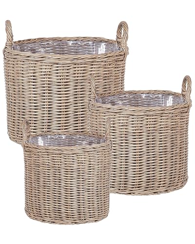 Blumenkorb Rattan braun 3er Set rund geflochten mit Folie Griffen Boho...