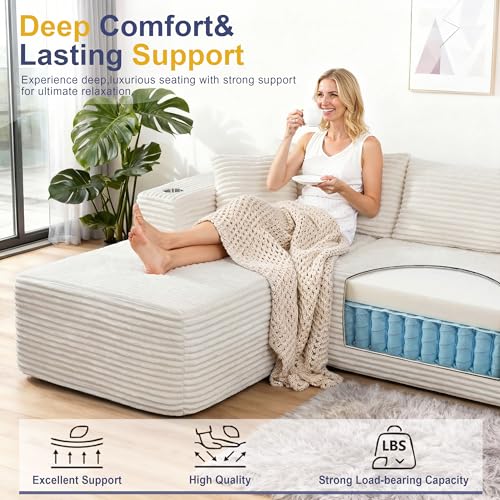 Image of Shintenchi Boneless Couches for Living Room,Modular Sectional Sofa with 2 Cup Holders,Memory Foam Cloud Couch with L Shaped Oversized Chaise,No Assembly Needed Plush Corduroy Sofa,White