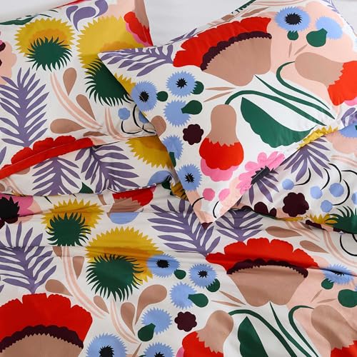 Image of MARIMEKKO - King Duvet Cover Set, Cotton Percale Reversible Bedding with Matching Shams, Floral Home Decor (Ojakellukka Multicolor, King)