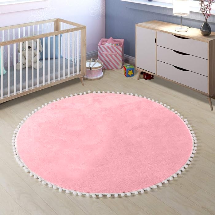 CottonFry Faux Wool Round Rug Shaggy Nursery Rug Cute Pom Pom Fringe Baby Crawling Mat Kids Play Non-Slip Floor Carpet for Living Room Bedroom Sofa Teepee Tent Decor (28x28, Light Pink)-image-13