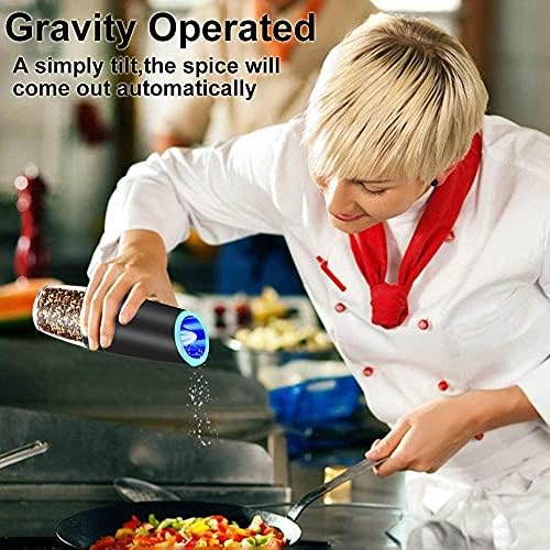 Gravity Electric Salt and Pepper Grinder Set, Battery Operated, Automatic Salt and Pepper Mills with Blue Light(Black, 2pcs/Pack), Adjustable Coarseness,One Handed Operation,Cleaning Brush