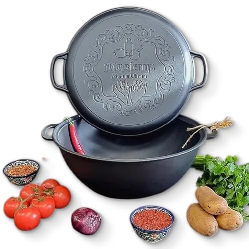 Dutch Oven Pot with Lid (15.8 Quarts (15 L) Frying Pan Lid) – Maysternya Cast Iron Cookware Set – Camping Dutch Oven - Uzbek Kazan – Premium Camping Cookware – 2 in 1 Frying Pan + Cauldron