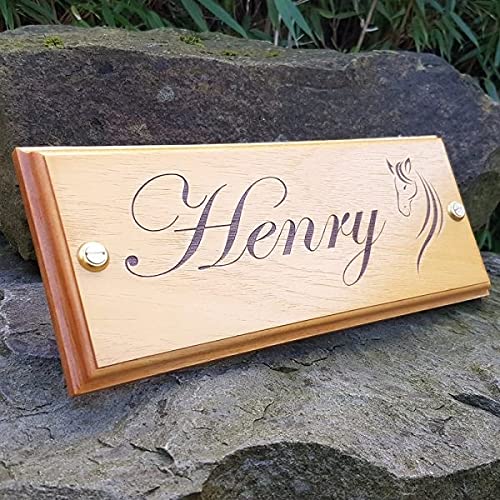 Horse Name Plate Stable Door Plaque (Edwardian Font Horse Head Logo) Custom Made To Your Horses Name 300mm x 120mm x 18mm