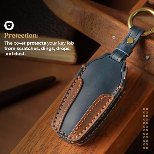 Image of Keyzone dual leather key cover compatible for BYD Seal, Atto3 4 button smart key (BlueBrown)