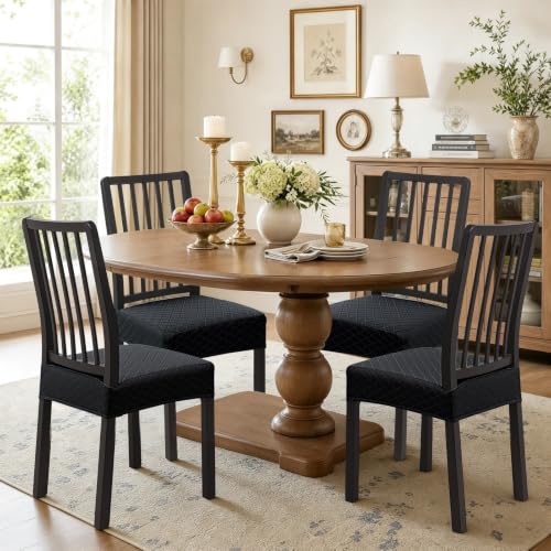 Image of SearchI Waterproof Dining Chair Seat Covers Set of 4, Hook and Loop Tape Stretch Chair Covers for Dining Chairs, Washable Dining Room Seat Cover Protector (Black)