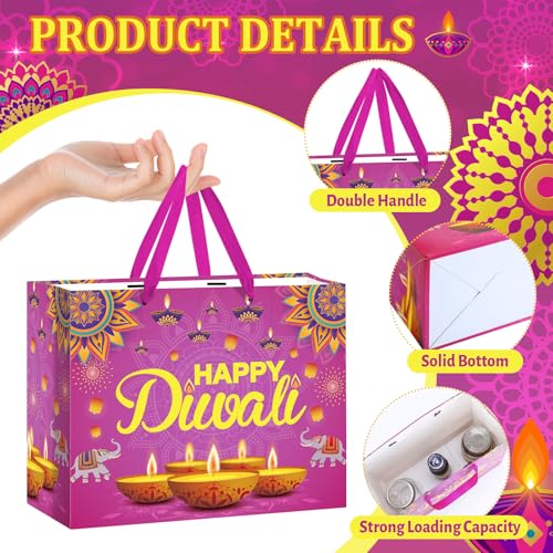 Happy-Diwali-Gift-Bags-Diwali-Party-Supplies-Festival-of-Lights-Favors-Gift-Bags-with-Wrapping-Paper-and-Card-Large-Indian-Diwali-Wrapping-Paper-Bag-Pink-Candlelight-Goodie-Bags-Deepavali-Decoration