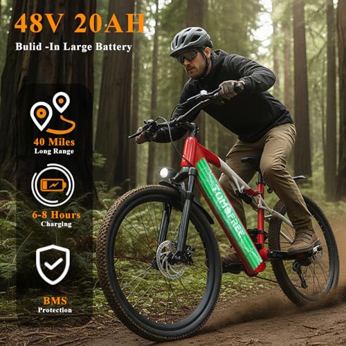Image of Tomofree 26 inch Electric Bike for Adult, Peak 1500W Brushless Motor Mountain E Bike, 34.4MPH Top Speed Ebike, 21 Speed, Up to 40 Miles, 48V 20Ah Battery for Commuter Electric Bicycle.