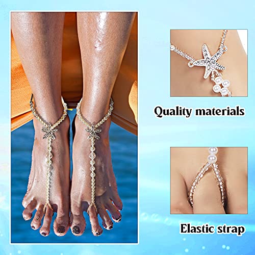 Hicarer 12 Pieces Feet Jewelry Barefoot Sandals Toe Rings Foot Chains Starfish Faux Pearls Elastic Beaded Turquoise Anklet Chains Jewelry with Rhinestone Ring for Women Wedding Beach Wearing3