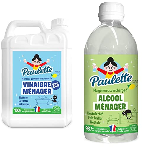 Paulette - Vinaigre Ménager Citron - Bidon Ecocert - 5 L & Paulette - Alcool Ménager Citron - Désinfectant Dégraissant Multi-Surfaces Ecocert - 1 L