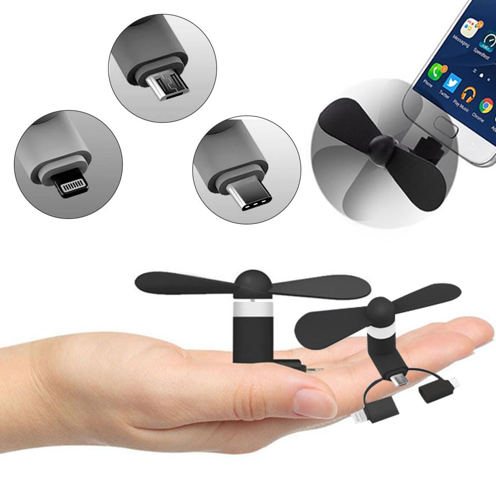 Comioke Wentylator mini do telefonu, wentylator USB, 3 w 1, kompatybilny z iPhone/iPad/smartfonami z systemem Android/tabletem, micro USB/Typem C/Lightn (czarny, 2 szt.)