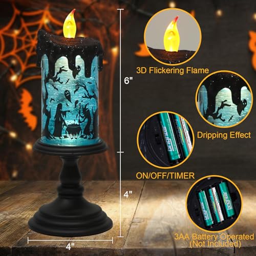 Image of Eldnacele Halloween Snow Globe Flameless Candle with Timer, Battery Operated Spooky Spinning Water Glittering Tornado Lamp LED Candlestick Table Fireplace Witch Decal Halloween Holiday Decoration
