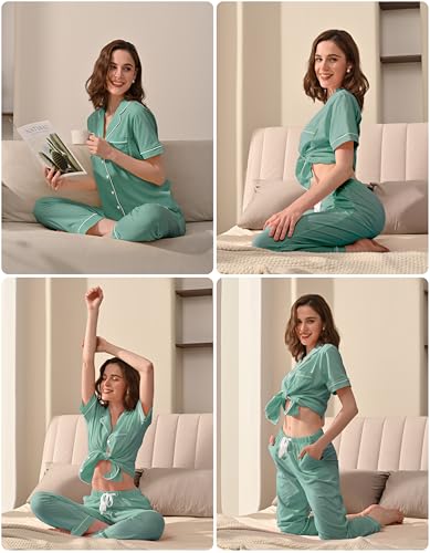 Image of NAP BOUND 100% Cotton Women's Pajama Sets Short Sleeve Button Down Soft Pjs 2 Piece Lounge Set with Pocket Nightwear XS-XXL