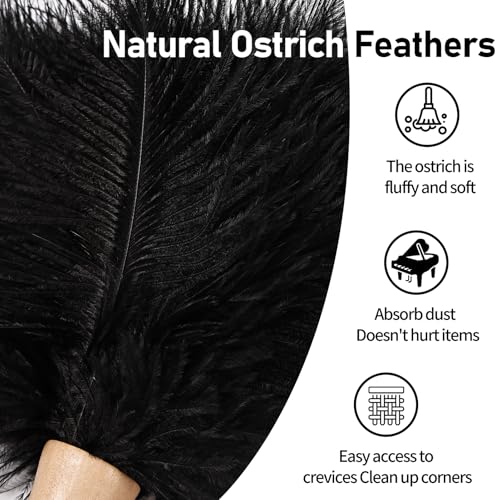 Image of Ostrich Feather Duster 12 Inch Handheld Duster Supplies, Wooden Handle Feather Duster for Cleaning Keyboard Home Car Office (Black)