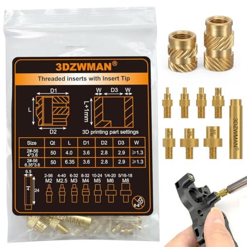 #2-56 Threaded Inserts with 8PCS Heat Set Insert Tools,Brass UNC knurled Nuts for 3D Printing Components and Plastic Parts.(50Pcs #2-56 * 4 * 3.6 and 50Pcs #2-56 * 6.35 * 3.6)