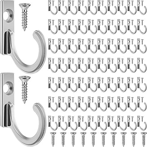 100 Pieces Wall Mounted Single Hook Robe Hooks Coat Hooks and 110 Pieces Screws for Hanging Key Hooks Jewelry (Silvery) Cover
