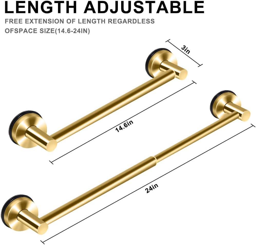 MGahyi Towel Racks for Bathroom, Adjustable Suction Cup Towel Bar, Stainless Steel Towel Bar for Bathroom Wall, Glass Door, Tile, Extendable No Drill Bath Shower Towel Holder (1, Gold, 14.6-24Inch)