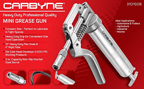 Carbyne Mini Pistol Grease Gun, Heavy Duty Professional Quality, 3000 PSI. 12 inch Flex Hose and 4 inch Rigid Extension. - Thumbnail 2