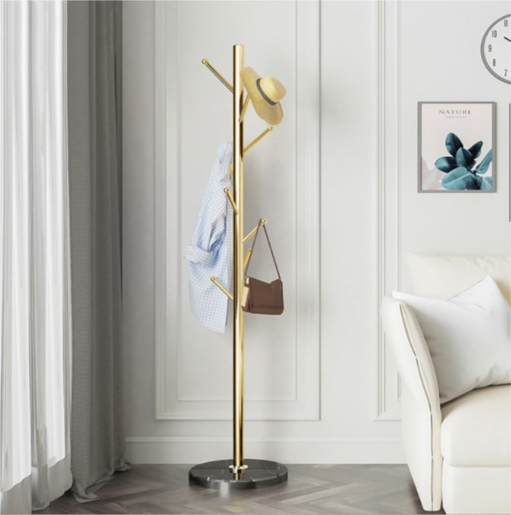 Moderner Jackenständer Metall-Garderobenständer, Goldener Satin-Stahl-Finish, Stabiler Marmorsockel, Freistehender Garderobenständer Für Mäntel Garderobenständer