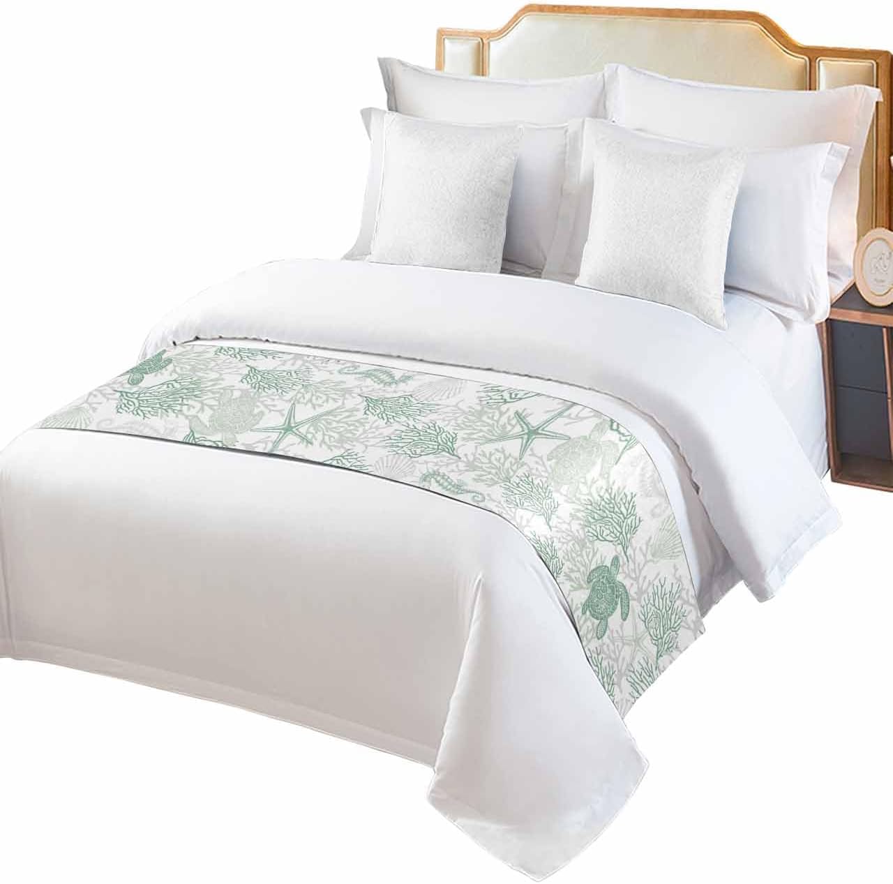 Yukro Bed Runner Scarf, Summer Sage Green Ocean Sea Turtle Coral Sea Queen Bed Scarf Runner, No Fading Decorative Bedding Scarf for Bedroom Hotels Homes and Guestrooms