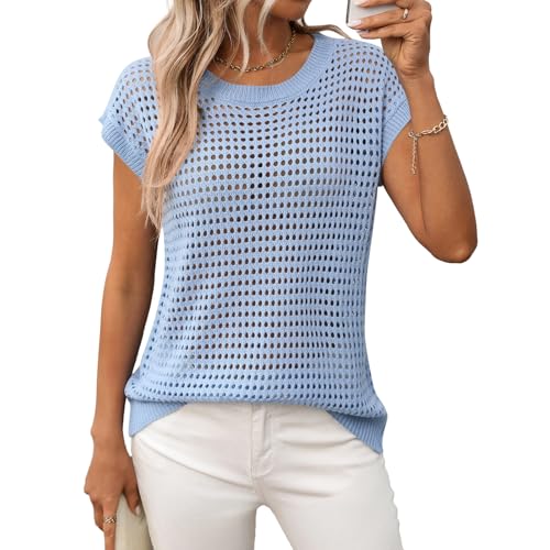 Blostirno Women's Crochet Knit Sweater Vest Hollow Out Crewneck Cap Short Sleeve Beach Cover Up Summer Shirt Tops2