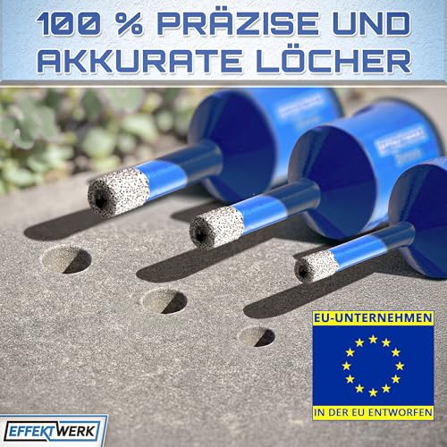 EffektWerk - 3-teiliges Diamantbohrerset für harte Fliesen - 6/8/10 mm - Diamant-Kernbohrer für Beton, Marmor, Keramik, Granit und Feinsteinzeug - M14-Gewinde