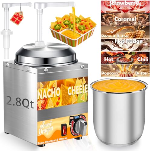 Nacho Cheese Dispenser with Pump, 2.8 Qt Nacho Cheese Warmer, Stainless Steel Hot Fudge Cheese Melter Warmer W/6-Level Temperature Adjustment, Commercial Sauce Dispenser for Butter Syrup Caramel