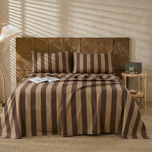 Image of Merryword 100% Cotton Sheet Set Queen Size - Brown and Khaki Stripes Bedding, Soft Breathable Percale Weave, Wide Stripe Deep Pocket Sheet 17.5 inch, Luxury Linen Like, 4-Piece All Season Bedding