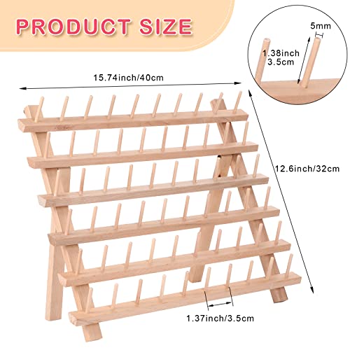 Image of Yookeer 60 Spools Wooden Thread Rack and 48 Pcs Thread Spools Savers /Spool Huggers with Hanging Hooks for Sewing Quilting Embroidery Machine Needlecraft Supplies(Wood)