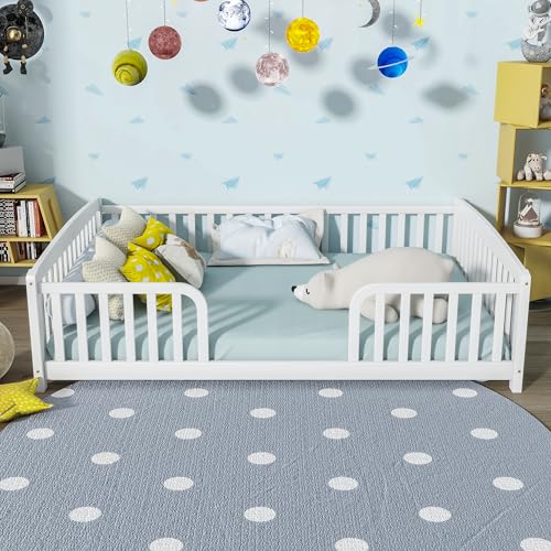 Image of Bellemave Full Size Montessori Floor Bed Frame with High Fence, Solid Wood Kids Floor Bed with Central Entrance, Low Profile Bed for Boys & Girls, Rounded Corner Design,White