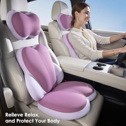 Image of FLORICH 3 PCS Seat Cushion for Carseat Lumbar Support Pillow Car Neck Headrest Pillows Ultrathick Memory Foam Seat Pads Pressure Relief Back Cushion for Office Chair(Purple)