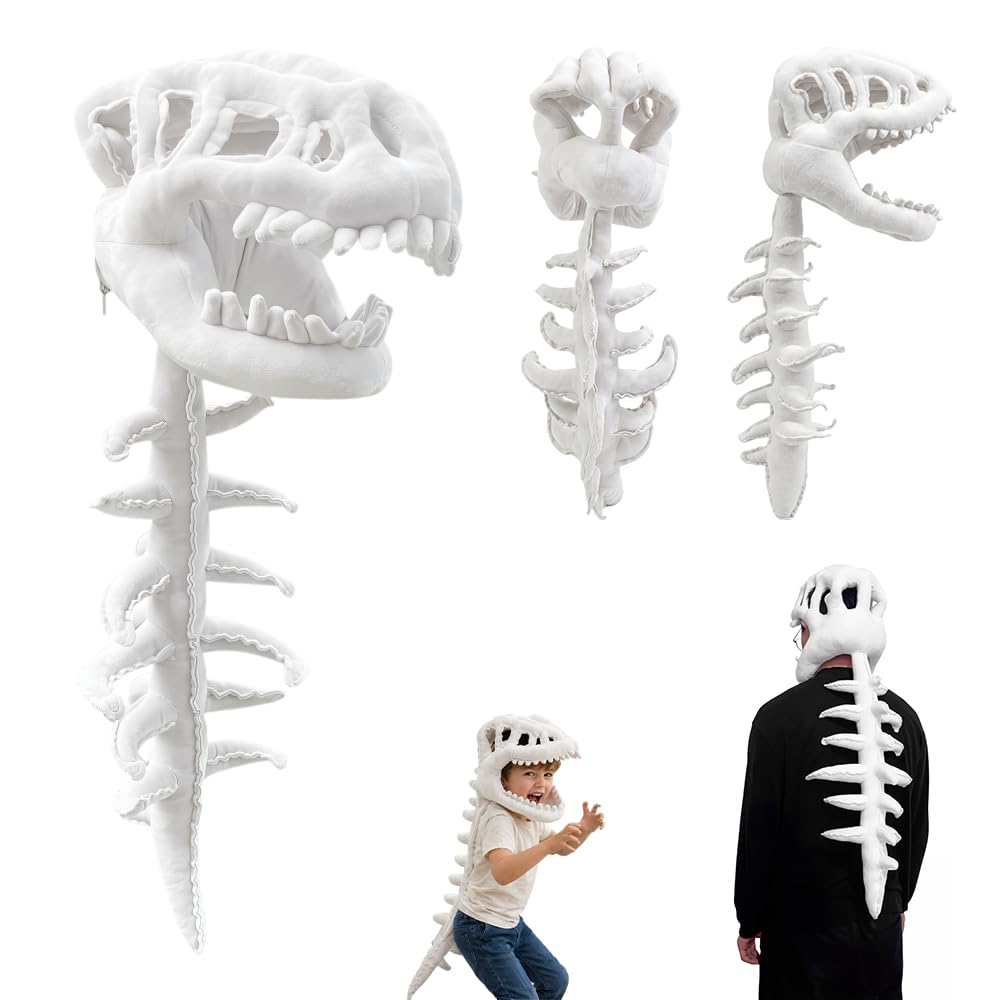 Dinosaur Skeleton Costume, 3D Wearable Realistic Skeleton Dinosaur Costume, Dinosaurs Skull Headpiece and Spine Costumes, Wearable Soft Fossil Outfit for Halloween Cosplay, Themed Parties (White)