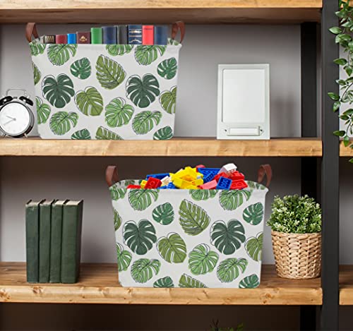 Image of NTAOHAMPER Rectangular Green Storage Basket, Waterproof Safari Nursery Box with Handles for Bedroom, Jungle Theme Gifts Basket, Momstera Decor(Leaf)