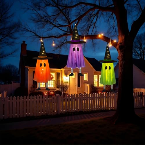 DAZONGE Halloween Decorations Outdoor, 3 Packs Hanging Ghost Halloween Decor with String Lights Battery Operated, Ghost Decor with with Hat for Home Yard Porch の商品画像 5