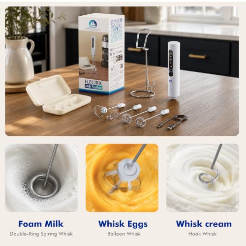 Image of Rechargeable Milk Frother with Stand, 4 Interchangeable Whisks & Travel Case - Handheld Mixer for Lattes, Matcha, Hot Chocolate, Eggs & Protein Shakes