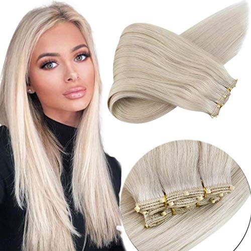 Sunny Blonde Micro Weft Hair Extensions Human Hair 16inch Platinum Blonde Weft Sew in Remy Weft Hair Extensions with Microbead 12 Width 50g