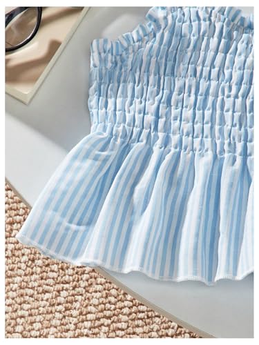 OYOANGLE Girl's Striped Babydoll Cami Top Spaghetti Strap Shirred Ruffle Cute Summer Tops2
