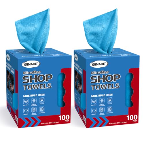 Image of UNIMADE Shop Rags, 2 Boxes - 200 Sheets Microfiber Cleaning Cloth | Commercial Grade Washcloths Lint-Free Bulk Shops Towels for Cars Mechanic Restaurant Garage Housekeeping, 11 inchx 9 inch, Blue
