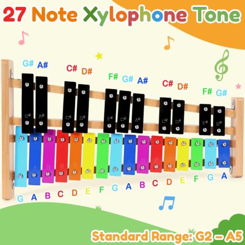 Image of lotmusic Xylophone for Kids,Glockenspiel Xylophone 27 Note Percussion Kit Musical Instruments with Soogbook & Carry Bag for Toddlers Adults, Birthday Educational Gift Colorful Metal Keys