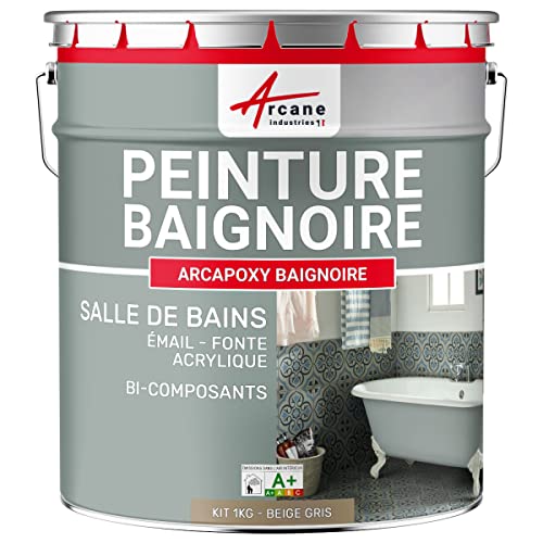 Peinture Baignoire Lavabo Bac à douche : Résine Salle de Bain pour Baignoire émail, acrylique et fonte - 1 kg (jusqu'à 3 m² en 2 couches) Beige Gris - RAL 1019 - ARCANE INDUSTRIES
