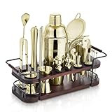 KITESSENSU Cocktail Shaker Set Bartender Kit with Stand | Complete 24-Piece Bar Set Cocktail Kit with All Bar Accessories, Gold