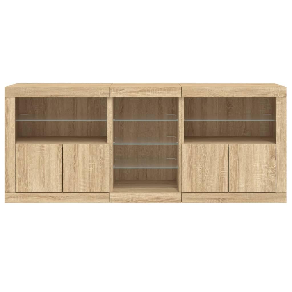 Modernes Sideboard mit LED-Lichtern, RGB, Sonoma-Eiche, 162 x 37 x 67 cm, 3 Stück, robustes Holz, viel Stauraum, praktische Türen, Displayfunktion,