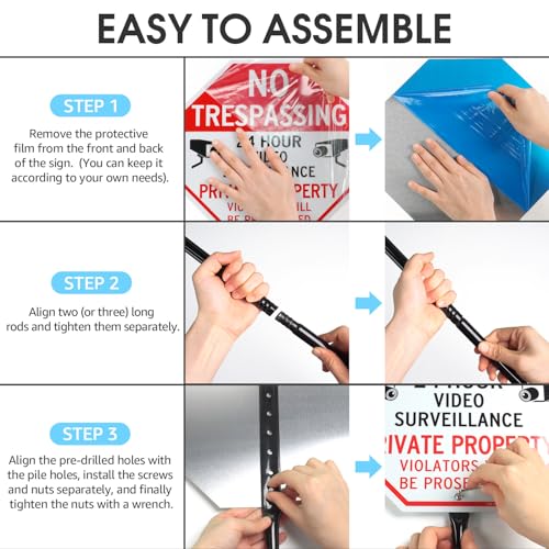 Image of T&R Large No Trespassing Private Property Sign Video Surveillance Sign with 54 inch Stake - 12 inchx12 inch .040 Rust Free Aluminum, Reflective, Waterproof and Fade Resistant, 2 pre-drilled holes, Includes Matching Screws & Wrench, Easy to Mount